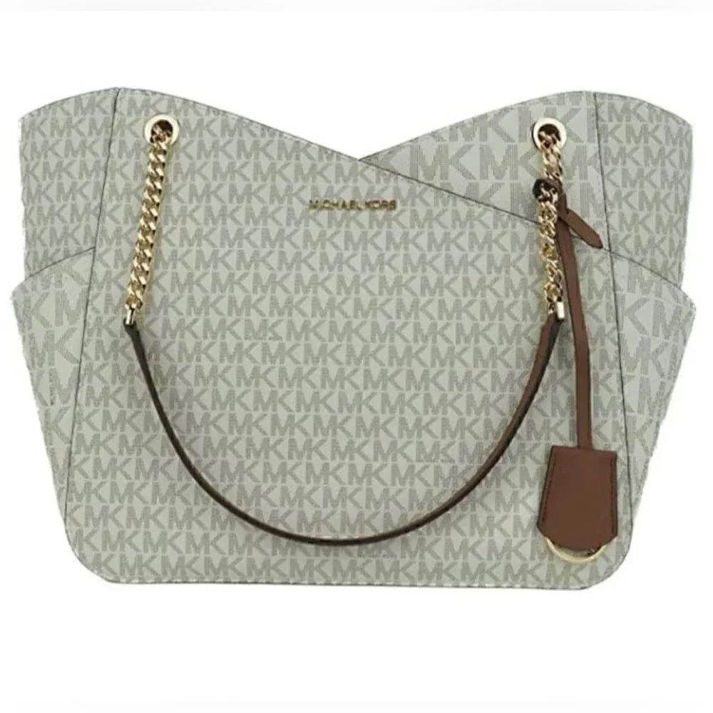 Michael Kors Large Jet Set Travel Tote Handbag Signature Vanilla Gold Chain
